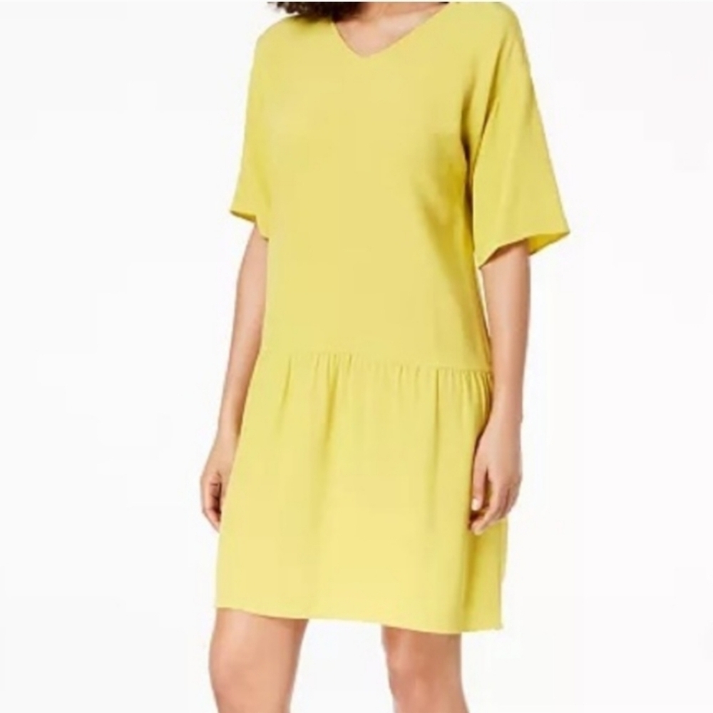 Eileen Fisher Tencel Viscose Crepe Drop Waist Dress Womens Large Mustard Yellow